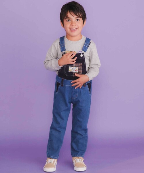 SLAP SLIP(スラップスリップ)の「デニムツイルコーデュロイチェック切り替えサロペット(80~120cm)(サロペット/オーバーオール・キッズ・ブルー/ベージュ・100cm/90cm/80cm/110cm/120cm)」の1枚目の写真