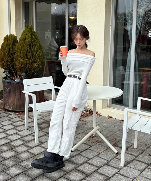 Vini（ヴィニ）の「シャーリング オフショルダー 長袖トップス（Tシャツ/カットソー・レディース・ブラック/ホワイト/ダークグレー・FREE）」の14枚目の写真