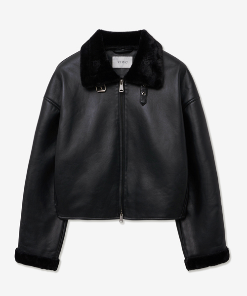 セール】8227 レザー クロップ ムートン_ブラック（ムートンコート