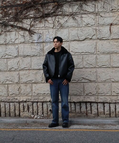 セール】8227 レザー クロップ ムートン_ブラック（ムートンコート