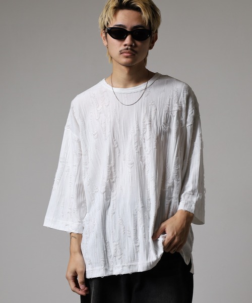 many men many mind(メニーメンメニーマインド)の「MANYMENMANYMINDS ダメージ加工/7分袖/グランジ/Tシャツ(Tシャツ/カットソー・メンズ・ホワイト・M)」の14枚目の写真