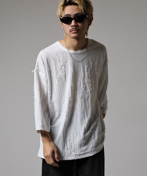 many men many mind(メニーメンメニーマインド)の「MANYMENMANYMINDS ダメージ加工/7分袖/グランジ/Tシャツ(Tシャツ/カットソー・メンズ・ホワイト・M)」の15枚目の写真
