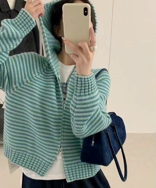 HALEY PESCA(ヘーリーペスカ)の「HALEY PESCA/カラフルボーダー ダブルジップニットパーカー(パーカー・レディース・ブルー/グレー/ブラック/グリーン/ピンク/ミント・FREE)」の4枚目の写真