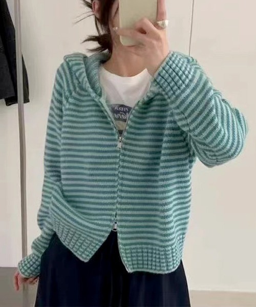HALEY PESCA(ヘーリーペスカ)の「HALEY PESCA/カラフルボーダー ダブルジップニットパーカー(パーカー・レディース・ブルー/グレー/ブラック/グリーン/ピンク/ミント・FREE)」の10枚目の写真