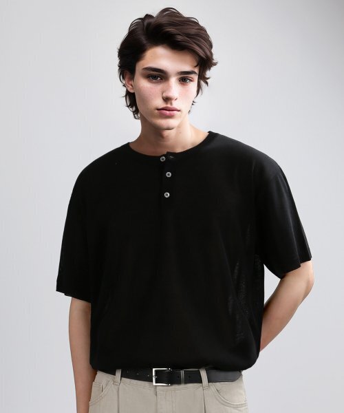 VERYVAIN(ベリベーン)の「HENLEY NECK HALF MESH-KNIT (BLACK)(ニット/セーター・メンズ・その他・MEDIUM)」の1枚目の写真