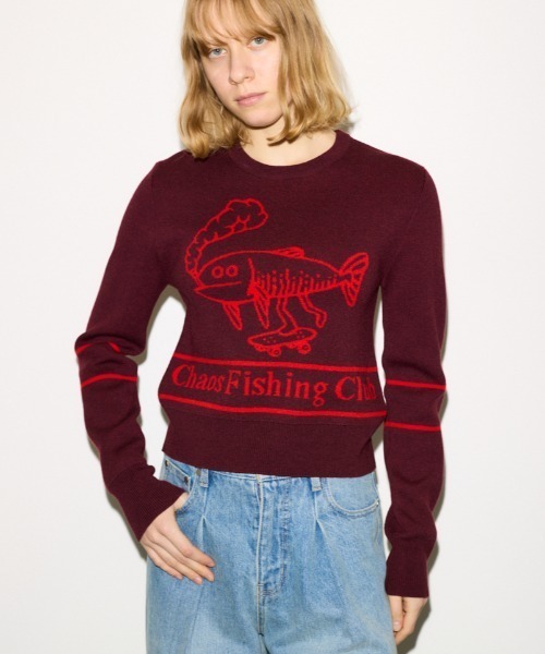 THROW by SLY(スローバイスライ)の「THROW Chaos Fishing Club KNIT TOPS カオスフィッシングクラブ ニットトップス 秋服 冬服(ニット/セーター・レディース・ブラック/バーガンディー・2/1)」の2枚目の写真