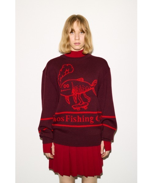 THROW by SLY(スローバイスライ)の「THROW Chaos Fishing Club KNIT TOPS カオスフィッシングクラブ ニットトップス 秋服 冬服(ニット/セーター・レディース・ブラック/バーガンディー・2/1)」の16枚目の写真