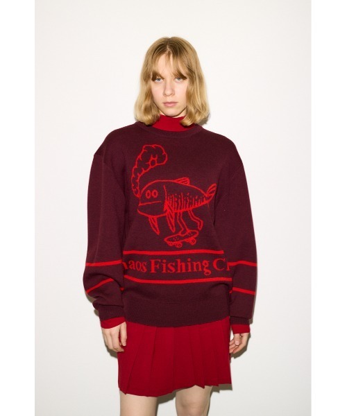 THROW by SLY(スローバイスライ)の「THROW Chaos Fishing Club KNIT TOPS カオスフィッシングクラブ ニットトップス 秋服 冬服(ニット/セーター・レディース・ブラック/バーガンディー・2/1)」の17枚目の写真