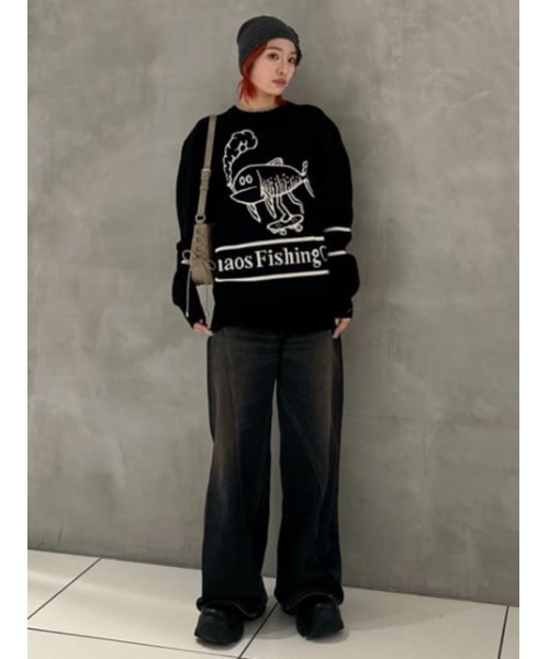 THROW by SLY(スローバイスライ)の「THROW Chaos Fishing Club KNIT TOPS カオスフィッシングクラブ ニットトップス 秋服 冬服(ニット/セーター・レディース・ブラック/バーガンディー・2/1)」の5枚目の写真