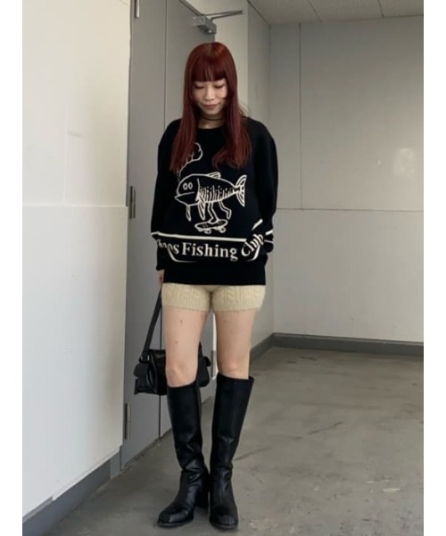 THROW by SLY(スローバイスライ)の「THROW Chaos Fishing Club KNIT TOPS カオスフィッシングクラブ ニットトップス 秋服 冬服(ニット/セーター・レディース・ブラック/バーガンディー・2/1)」の7枚目の写真