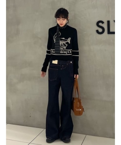 THROW by SLY(スローバイスライ)の「THROW Chaos Fishing Club KNIT TOPS カオスフィッシングクラブ ニットトップス 秋服 冬服(ニット/セーター・レディース・ブラック/バーガンディー・2/1)」の8枚目の写真