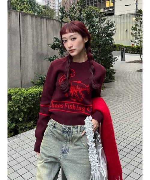 THROW by SLY(スローバイスライ)の「THROW Chaos Fishing Club KNIT TOPS カオスフィッシングクラブ ニットトップス 秋服 冬服(ニット/セーター・レディース・ブラック/バーガンディー・2/1)」の9枚目の写真