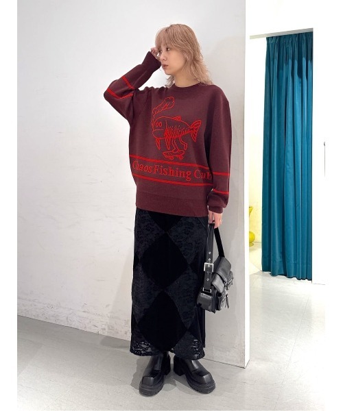 THROW by SLY(スローバイスライ)の「THROW Chaos Fishing Club KNIT TOPS カオスフィッシングクラブ ニットトップス 秋服 冬服(ニット/セーター・レディース・ブラック/バーガンディー・2/1)」の12枚目の写真