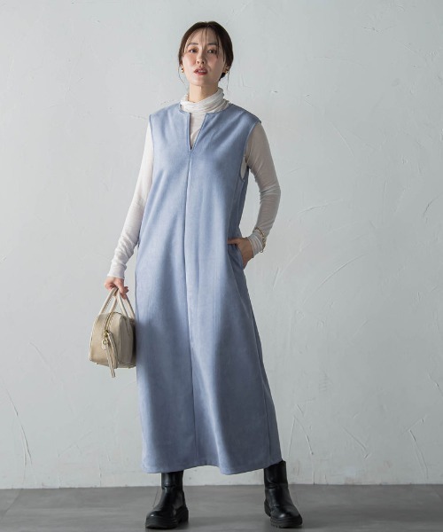 LAUTREAMONT(ロートレアモン)の「【WEB限定】フェイクスエードワンピース≪洗える≫(ワンピース・レディース・ブルー/ベージュ/チャコールグレー・11号/9号)」の3枚目の写真