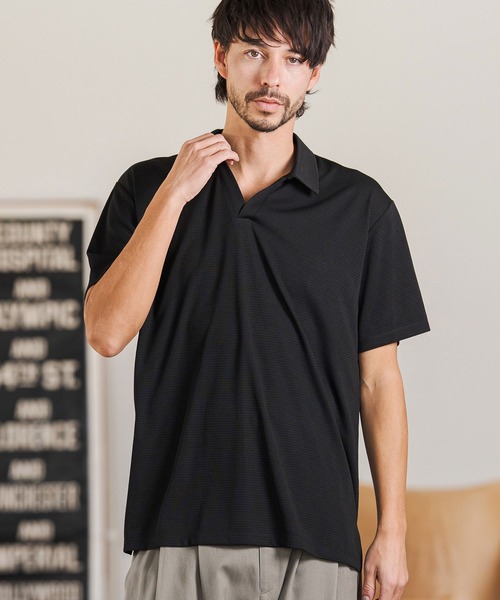 CAMBIO（カンビオ）の「mhs2513- Honeycomb Like Skipper Polo Shirt スキッパーポロシャツ(2026GIM-004)（ポロシャツ・メンズ・チャコール/ブラック/ホワイト・S/M/L）」の2枚目の写真