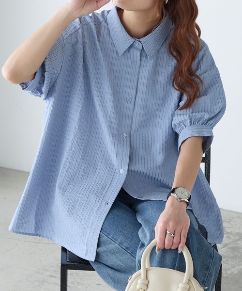 BONLECILL(ボンルシール)の「サッカーストライプボリュームスリーブ半袖シャツ(シャツ/ブラウス・レディース・ベージュ/ブルー/オフホワイト/グリーン/ピンク・FREE)」の6枚目の写真