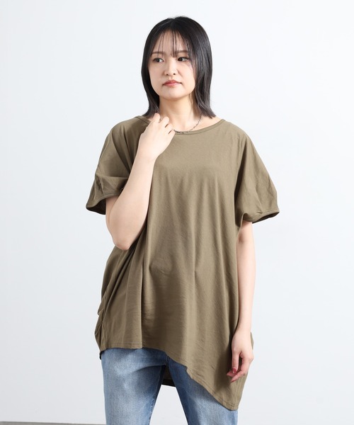 FUNALIVE（ファンアライブ）の「イレギュラーヘム ビッグTシャツ 半袖（Tシャツ/カットソー・レディース・ベージュ/カーキ/ブラック/チャコールグレー/オフホワイト・LL～3L/M～Ｌ）」の5枚目の写真