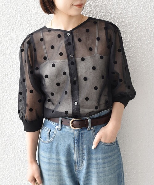 SHIPS Colors:〈手洗い可能〉シアー フロッキー ドット 5分袖 ブラウス