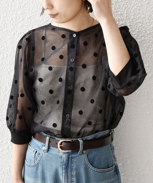 SHIPS Colors:〈手洗い可能〉シアー フロッキー ドット 5分袖 ブラウス 