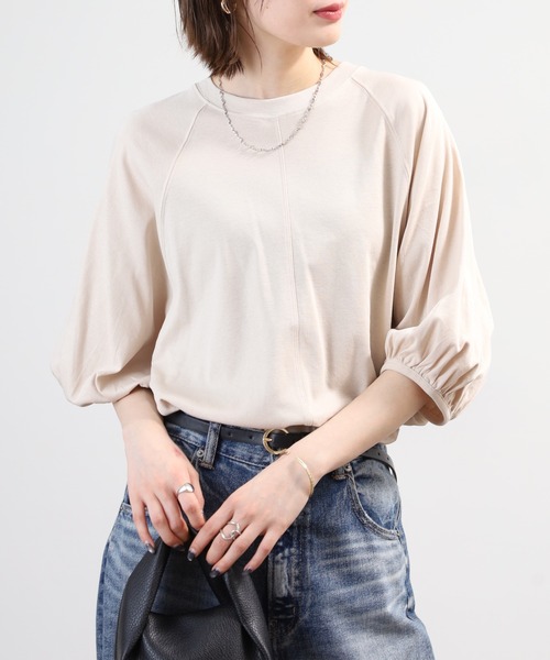 OMNES(オムネス)の「汗じみ防止UV 袖ボリューム半袖プルオーバーTシャツ(Tシャツ/カットソー・レディース・サックスブルー/ベージュ/ブラック/ホワイト・FREE)」の3枚目の写真