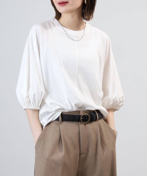 OMNES(オムネス)の「汗じみ防止UV 袖ボリューム半袖プルオーバーTシャツ(Tシャツ/カットソー・レディース・サックスブルー/ベージュ/ブラック/ホワイト・FREE)」の7枚目の写真