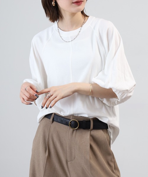 OMNES(オムネス)の「汗じみ防止UV 袖ボリューム半袖プルオーバーTシャツ(Tシャツ/カットソー・レディース・サックスブルー/ベージュ/ブラック/ホワイト・FREE)」の8枚目の写真