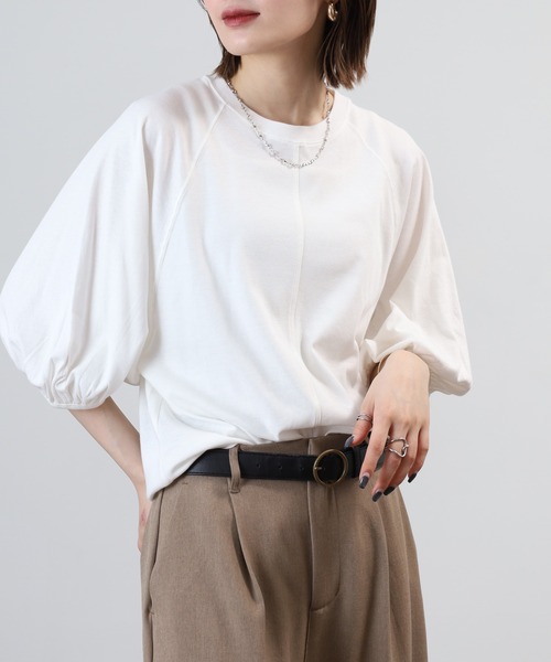 OMNES(オムネス)の「汗じみ防止UV 袖ボリューム半袖プルオーバーTシャツ(Tシャツ/カットソー・レディース・サックスブルー/ベージュ/ブラック/ホワイト・FREE)」の9枚目の写真
