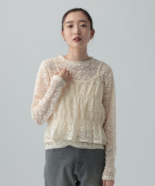 LEPSIM（レプシィム）の「レースキャミ長袖プルオーバー《2点セット》　639400（Tシャツ/カットソー・レディース・ライトグレー/ブラック/アイボリー・FREE）」の2枚目の写真