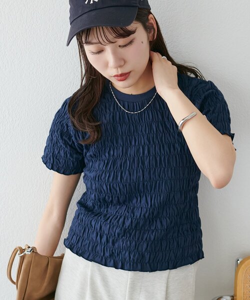 DISCOAT(ディスコート)の「【WEB限定】シャーリングコンパクトTシャツ(Tシャツ/カットソー・レディース・チャコールグレー/ネイビー/ホワイト・MEDIUM)」の2枚目の写真