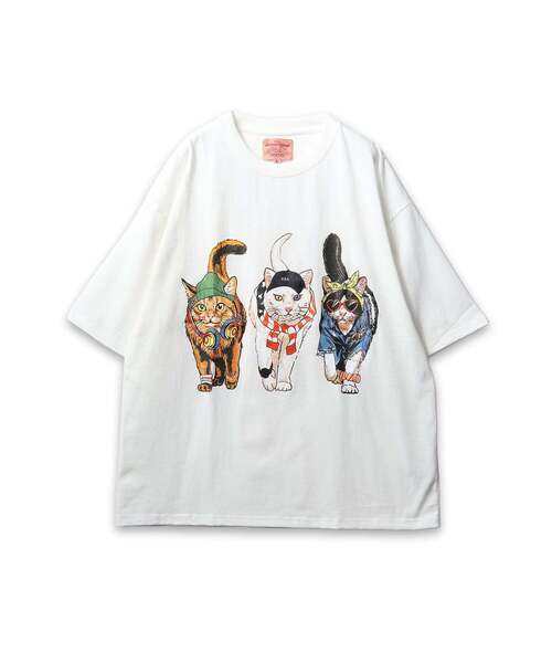 CORISCO(コリスコ)の「【CORISCO】 度詰め天竺キャットプリントTEE ネコプリント(Tシャツ/カットソー・メンズ・ホワイト/ブラック・3/2)」の1枚目の写真