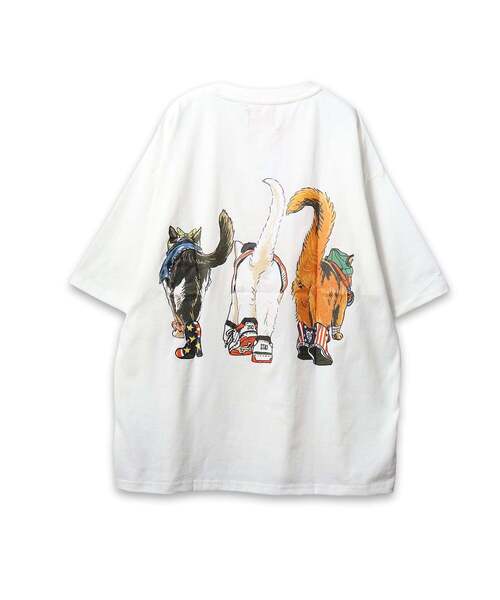 CORISCO(コリスコ)の「【CORISCO】 度詰め天竺キャットプリントTEE ネコプリント(Tシャツ/カットソー・メンズ・ホワイト/ブラック・3/2)」の4枚目の写真