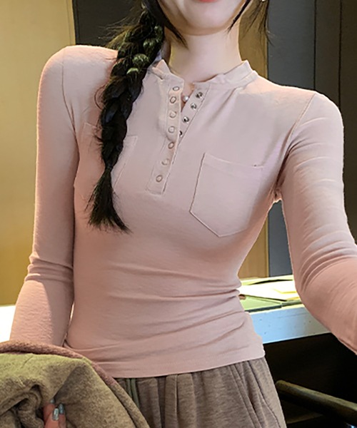 Girly Doll(ガーリードール)の「ヘンリーネックロングスリーブカットソー(Tシャツ/カットソー・レディース・ベージュ/ネイビー/モカ/ピンク/グレー/ブラック・S/M)」の6枚目の写真