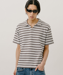 ピケストライプTシャツ_ホワイト / ブラウン
