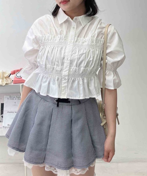 AS KNOW AS plus(アズノゥアズプラス)の「○フロントフリルシャーリング5分袖ブラウス(シャツ/ブラウス・レディース・ネイビー系/オフホワイト/サックスブルー/イエロー系・FREE)」の6枚目の写真