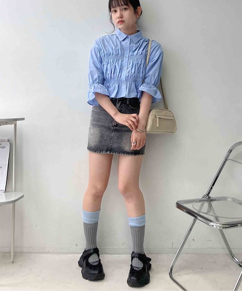 AS KNOW AS plus(アズノゥアズプラス)の「○フロントフリルシャーリング5分袖ブラウス(シャツ/ブラウス・レディース・ネイビー系/オフホワイト/サックスブルー/イエロー系・FREE)」の15枚目の写真