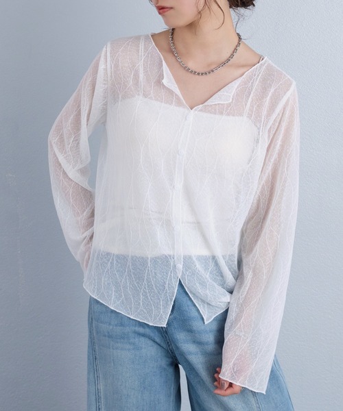 セール】総柄シアーカーディガン風長袖トップス（Tシャツ/カットソー