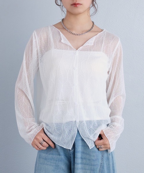 murea（ミュレア）の「総柄シアーカーディガン風長袖トップス（Tシャツ/カットソー・レディース・ブラック/ホワイト・FREE）」の3枚目の写真
