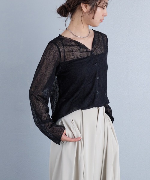 murea（ミュレア）の「総柄シアーカーディガン風長袖トップス（Tシャツ/カットソー・レディース・ブラック/ホワイト・FREE）」の14枚目の写真