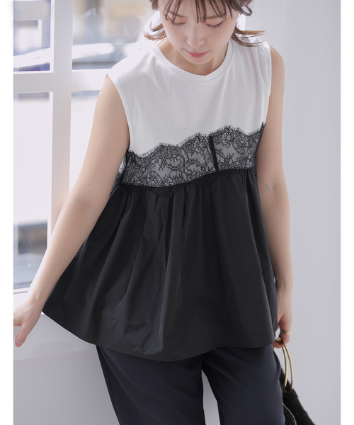 La TOTALITE（ラトータリテ）の「【洗える】レースドッキングチュニック（Tシャツ/カットソー・レディース・ブラック/ホワイト・FREE）」の2枚目の写真