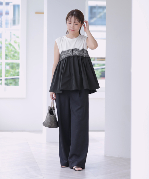 La TOTALITE（ラトータリテ）の「【洗える】レースドッキングチュニック（Tシャツ/カットソー・レディース・ブラック/ホワイト・FREE）」の12枚目の写真