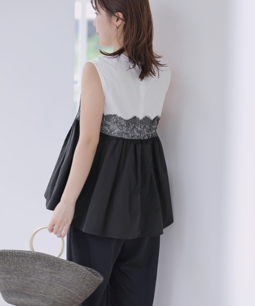 La TOTALITE（ラトータリテ）の「【洗える】レースドッキングチュニック（Tシャツ/カットソー・レディース・ブラック/ホワイト・FREE）」の7枚目の写真