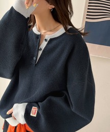 《JaVaジャバコラボ》ふっくら、袖たっぽり。ワッフル編みヘンリーネックオーバーサイズ配色ニット