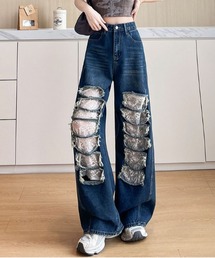レースレイヤードカーブデニムパンツ
