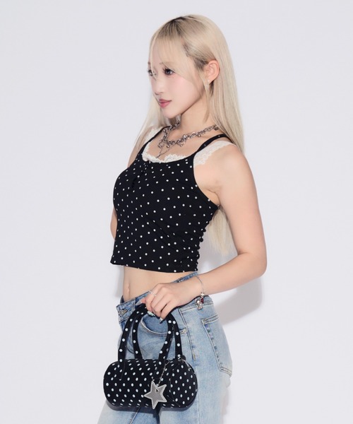 tinkerend（ティンカーエンド）の「Cross Frill Dot Camisole / クロスフリルドットキャミソール（キャミソール・レディース・ブラック/ホワイト・FREE）」の2枚目の写真