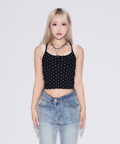 tinkerend（ティンカーエンド）の「Cross Frill Dot Camisole / クロスフリルドットキャミソール（キャミソール・レディース・ブラック/ホワイト・FREE）」の13枚目の写真