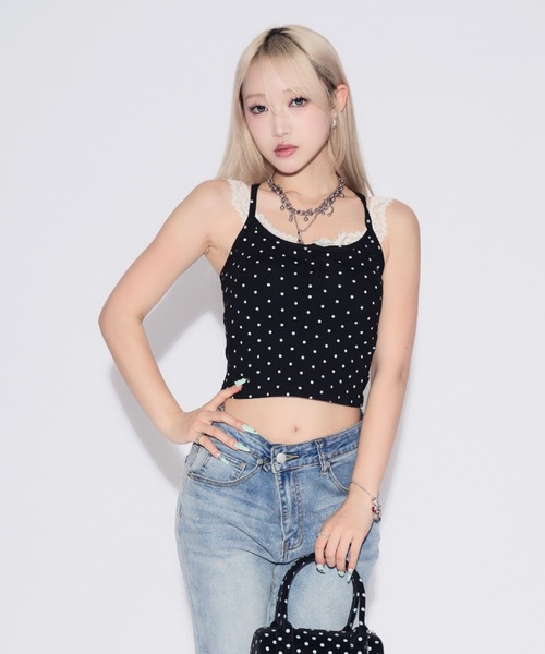 tinkerend（ティンカーエンド）の「Cross Frill Dot Camisole / クロスフリルドットキャミソール（キャミソール・レディース・ブラック/ホワイト・FREE）」の14枚目の写真