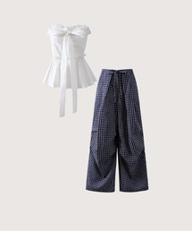 LA POMME petit(���|�~�E�v�`)��Ruffle Strapless Top Checkered Pants Set Up(�Z�b�g�A�b�v)