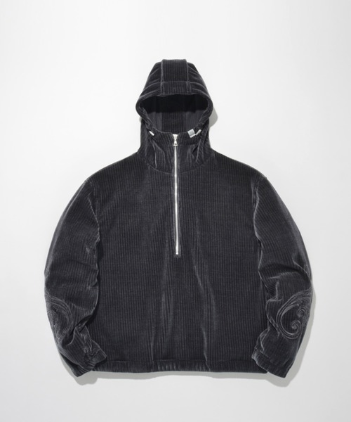 SUPERTHANKS（スーパーサンクス）の「＜オリジナル刺繍＞ストレッチコーデュロイハーフジップフーディStretch corduroy Half zip hoodie（パーカー・メンズ・ブラック/チャコールグレー・L/M/S）」の3枚目の写真