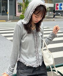 フリルレーストリムフードリブトップス