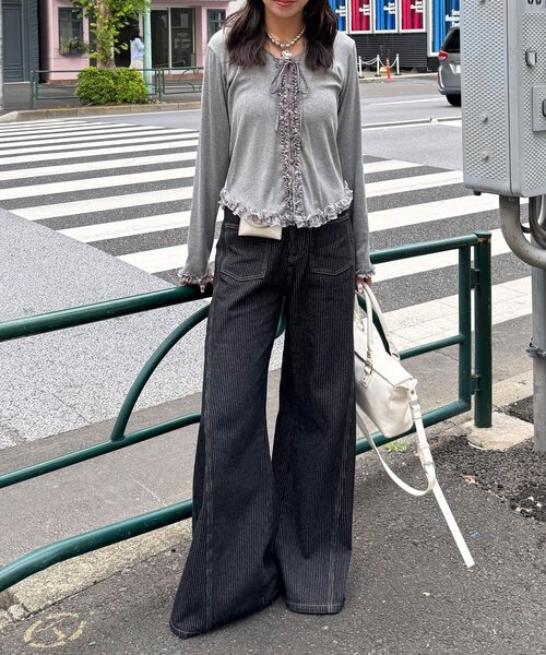 CIAOPANIC(チャオパニック)の「フリルレーストリムフードリブトップス(Tシャツ/カットソー・レディース・ブルー/カーキ/オフホワイト/グレー・ONE SIZE)」の12枚目の写真